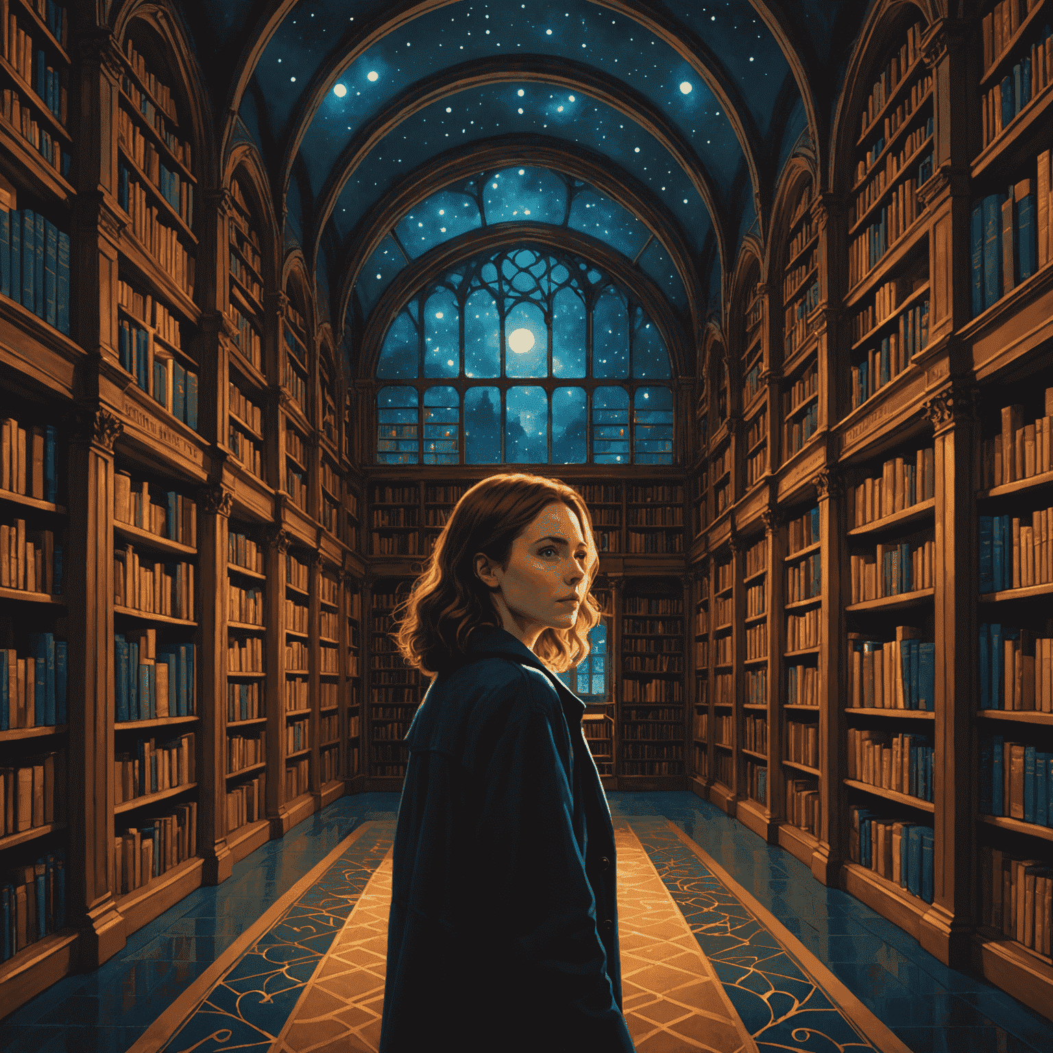 Cover of 'The Midnight Library' by Matt Haig - A woman standing in front of a vast library with glowing bookshelves