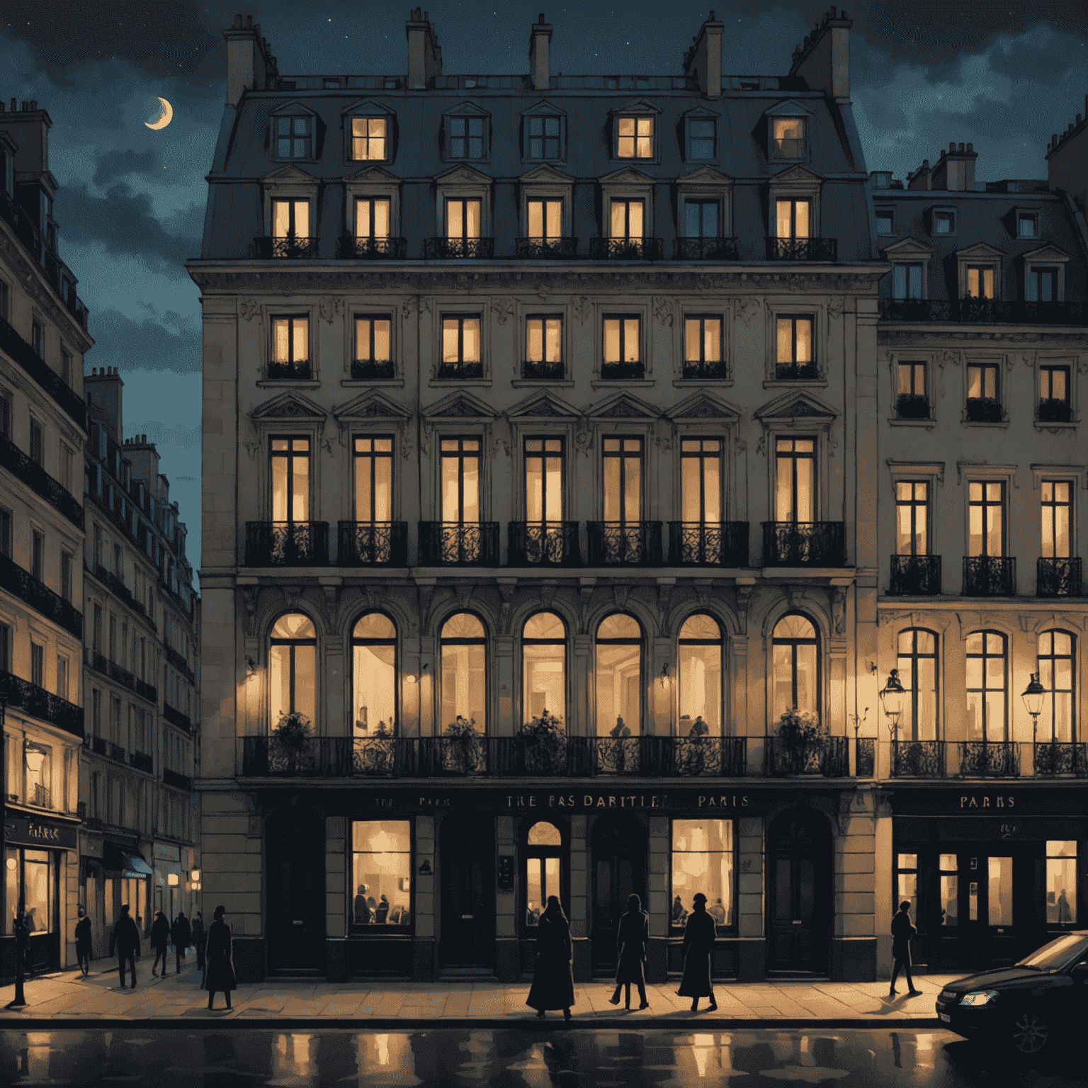 Cover of 'The Paris Apartment' by Lucy Foley - A mysterious Parisian building at night with shadowy figures in the windows