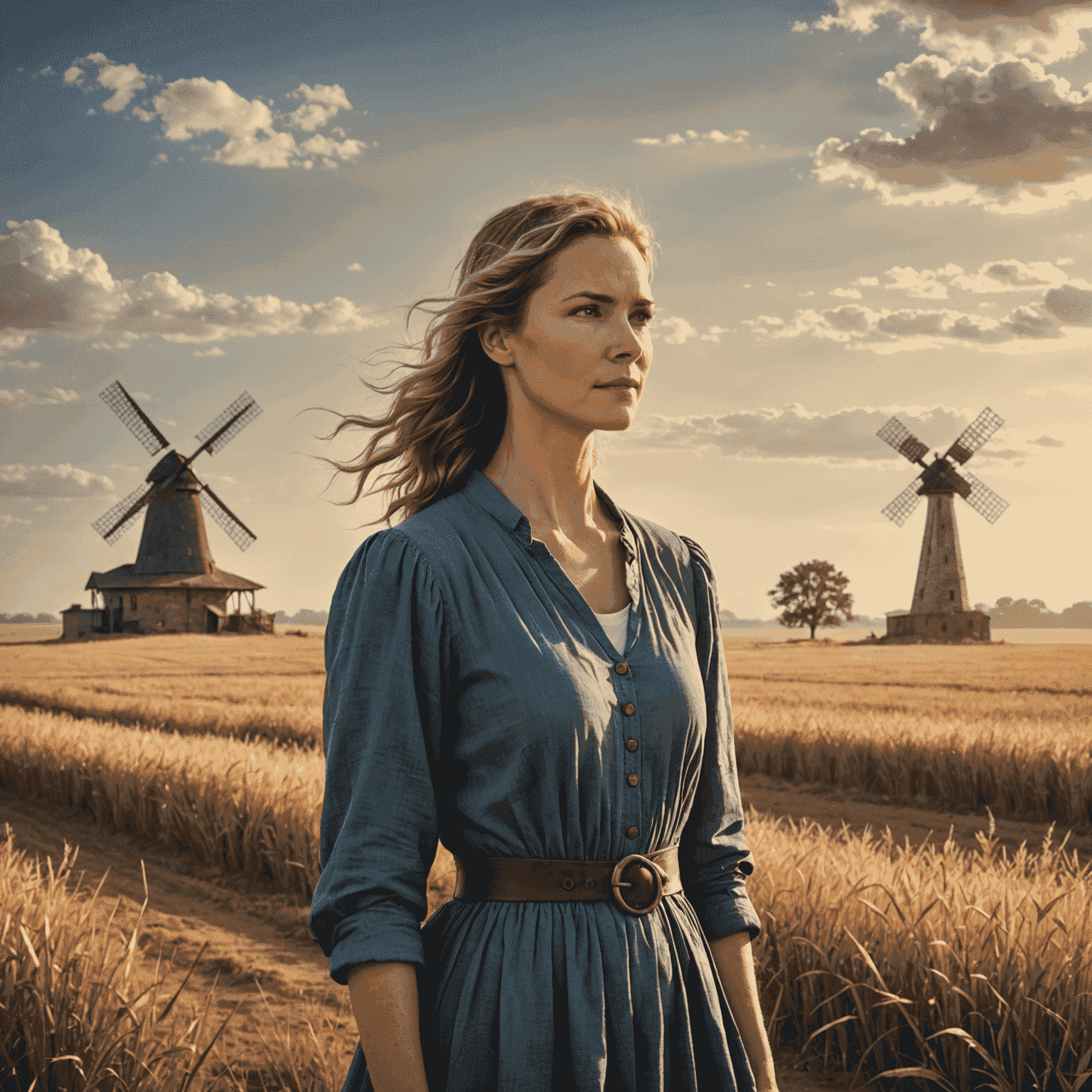 Cover of 'The Four Winds' by Kristin Hannah - A woman standing in a dusty field with a windmill in the background